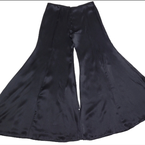 1970s Vintage Black Satin Handmade High Waisted Extreme Bell Bottom Trousers XL - Picture 6 of 10